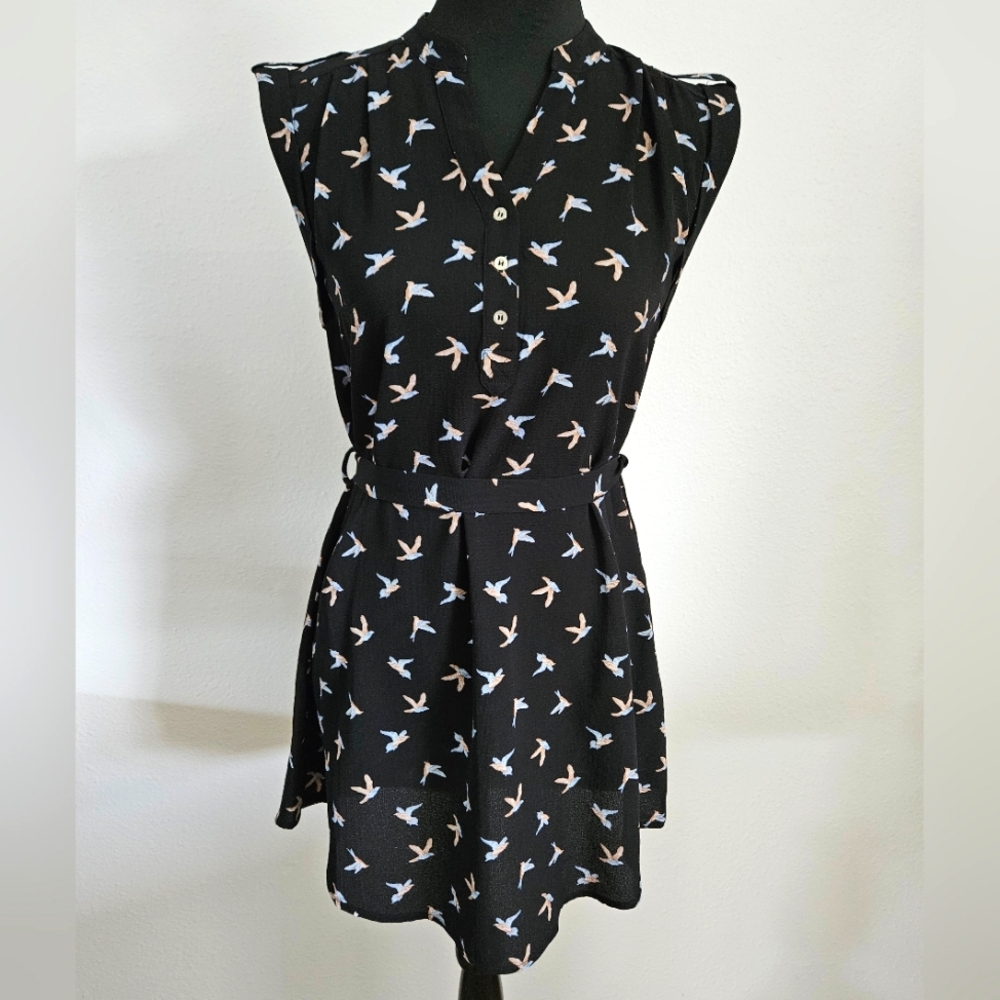 Cute Little Black Sleeveless Mini Dress with Sparrows - small